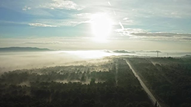 Beautiful misty landscape in the outskirts of Pakostane at dawn. Zadar Croatia. Aerial view travelling