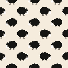 Cute seamless pattern with simple flat black sheep in scandinavian style.  Minimalist vector background for your design.