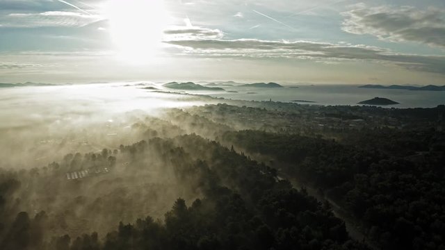 Beautiful foggy scenery at sunrise. Zadar Croatia. Aerial view travelling