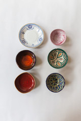 6 different round bowl  with floral and line pattern on white background