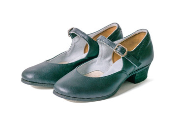 Pair of hand-made black women's dance shoes isolated on white background. Side view.