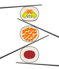 Here is a clean simple look at sushi  on a plain background with space for text. Tuna and rice in nori are shown here.