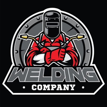 welder wearing welding helmet pose in badge