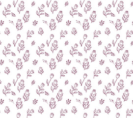 Seamless pattern of hand drawn blooming tulips and wild herbs. Simple modern background for romantic design line art flowers.