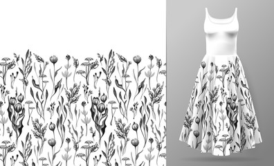 Cute pattern in small simple flowers. Seamless background and seamless border. An example of the pattern of the dress mock up. Vector illustration. Black on white.