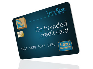 A Co-Branded credit card that is a mock card is shown here. A big box store, a bank and a credit card company teamed up to issue this mock card.