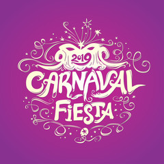 Carnaval Fiesta. logo in spanish. Carnival vintage title. Beautiful light logo on a rich purple background. Hand drawn vector templates with Masquerade Mask.