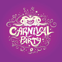 Carnival Party. Beautiful light logo on a rich purple background. Vintage titles. Hand drawn vector template with Masquerade Mask. 