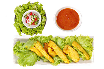 Isolated of Charcoal boiled ,Pork satay served with side disk.
