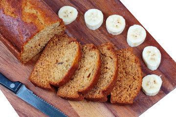 Isolated of  Banana cake with sliced banana on butcher served.