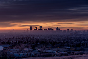 View of Calgary's skyline from Nose Hill Park on a winter morning. 