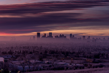 View of Calgary's skyline from Nose Hill Park on a winter morning. 
