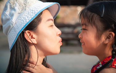 Portrait family asian of happy young mother and young daughter