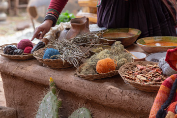 Ingredients for dyeing fabrics, Colorful Peruvian Harvest Table - Corn and Herbs , Peru