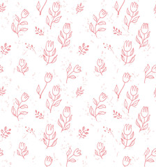 Seamless pattern of hand drawn pink tulips. A simple modern background for romantic design line-art flowers.
