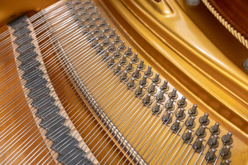 Grand piano strings. Piano inside with the depth of field.