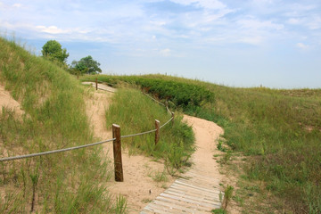 Kohler-Andrae State Park, Sheboygan area, Wisconsin, Midwest USA. Landscape with hiking trail through sand dunes. Wisconsin nature background.