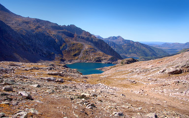 Deep blue lake Hope sparkles in high valley in the mountains along the Rico Silverton trail in the San Juan range of the Colorado Rockies. 