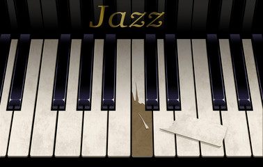Fototapeta premium An old jazz piano keyboard has a broken key from aggressive piano playing. The emblem on the piano says Jazz in this close up look.