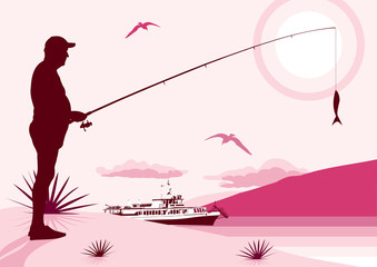 An elderly fisherman on the shore with a spinning rod. Fishing at sea. Mountains, seagulls, ship.