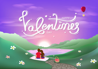 Valentines day, happiness of lover, honeymoon romance concept, calligraphy decoration, landscape scene, purple and pink pastel seasonal holiday abstract background vector illustration
