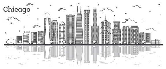 Outline Chicago Illinois City Skyline with Modern Buildings and Reflections Isolated on White.