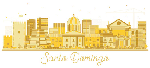Santo Domingo Dominican Republic City Skyline Silhouette with Golden Buildings Isolated on White.
