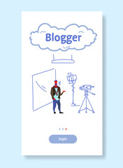 man blogger recording video on camera guy standing social media blog concept full length sketch flow style vertical