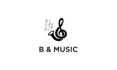 Saxophones logo design template. Awesome a saxophones with music note & letter B logo. A saxophones with letter B & music note logotype.