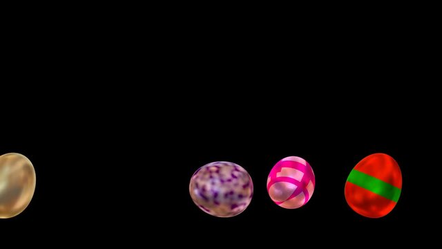 Animated close up of rolling or tumbling from left to right Easter eggs or colorful glossy eggs with texture. Black background, mask included.