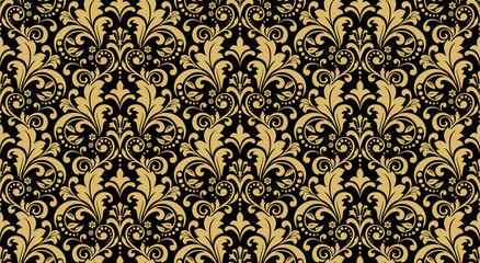 Wallpaper in the style of Baroque. Seamless vector background. Black and gold floral ornament. Graphic pattern for fabric, wallpaper, packaging. Ornate Damask flower ornament