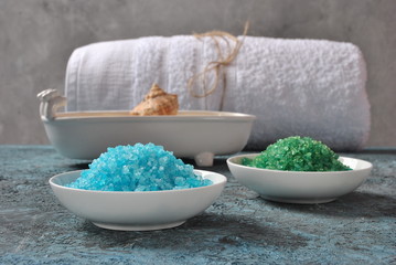 Dead Sea cosmetics. Spa and body care products. Colorful aromatic bath Dead Sea Salt and black Dead Sea Mud. Natural ingredients for homemade body scrub.  Beauty skin care. Spa treatment 