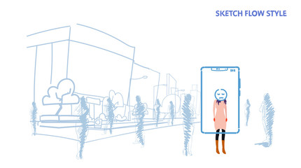woman standing out from crowd people silhouettes using mobile application tired mask face smartphone screen city street cityscape background sketch flow style horizontal