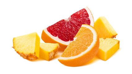 Fototapeta na wymiar Grapefruit, orange and pineapple pieces isolated on white background