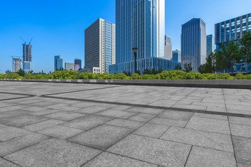 empty brick floor with cityscape and skyline.