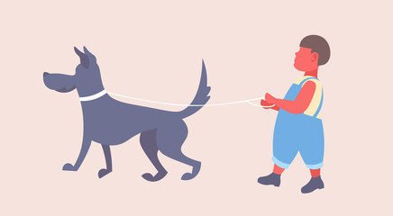 little boy walking with dog cute child and his dog having fun male cartoon character full length flat horizontal