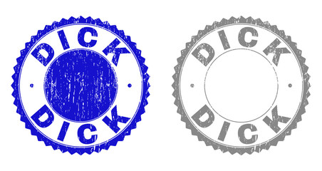 Grunge DICK stamp seals isolated on a white background. Rosette seals with grunge texture in blue and gray colors. Vector rubber stamp imprint of DICK text inside round rosette.