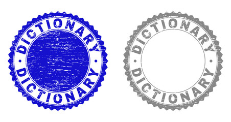 Grunge DICTIONARY stamp seals isolated on a white background. Rosette seals with grunge texture in blue and grey colors. Vector rubber stamp imitation of DICTIONARY tag inside round rosette.