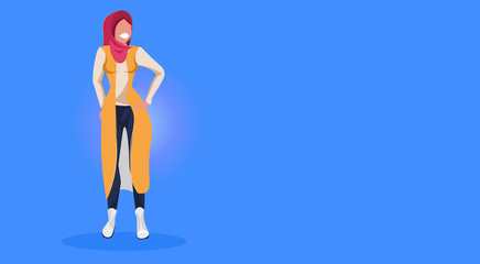 arab woman standing pose happy arabic girl wearing hijab fashion clothes muslim female cartoon character full length flat blue background horizontal