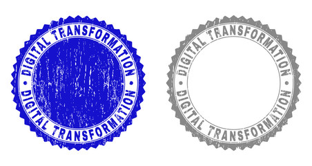 Grunge DIGITAL TRANSFORMATION stamp seals isolated on a white background. Rosette seals with grunge texture in blue and grey colors.