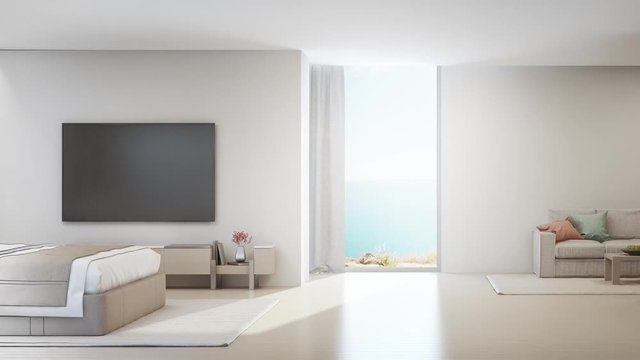Sea view bedroom and living room of luxury summer beach house with bed near wooden cabinet. TV on white wall in vacation home or holiday villa. Hotel interior 3d illustration.