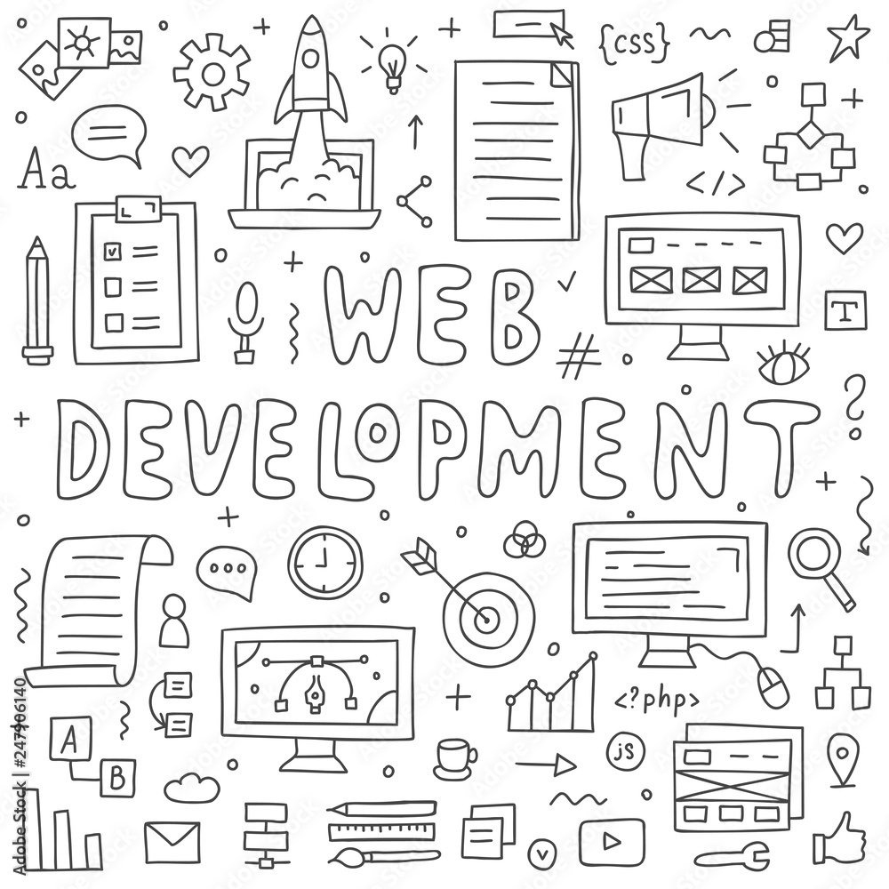 Poster website development doodles elements. hand drawn vector icons set.