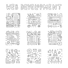 Web development doodle icon set. Documentation, design, coding, content, marketing, startup, seo. Vector illustration.