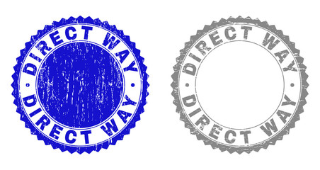 Grunge DIRECT WAY stamp seals isolated on a white background. Rosette seals with grunge texture in blue and grey colors. Vector rubber stamp imprint of DIRECT WAY title inside round rosette.