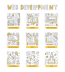 Web development doodle icon set. Documentation, design, coding, content, marketing, startup, seo. Vector illustration.