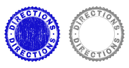 Grunge DIRECTIONS stamp seals isolated on a white background. Rosette seals with distress texture in blue and grey colors. Vector rubber stamp imprint of DIRECTIONS tag inside round rosette.