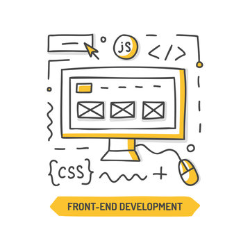 Front-end development doodle icon. Website cteation. Hand drawn vector illustration.