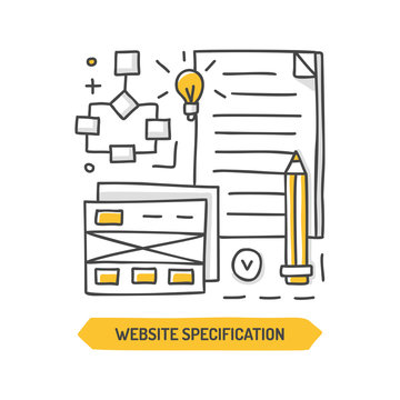 Website specification doodle icon. Web development. Hand drawn vector illustration.
