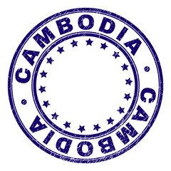 CAMBODIA stamp seal imprint with distress texture. Designed with round shapes and stars. Blue vector rubber print of CAMBODIA tag with scratched texture.