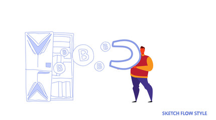 man holding magnet pulling bitcoin coins from mining farm server room crypto currency concept attracting money sketch flow style horizontal